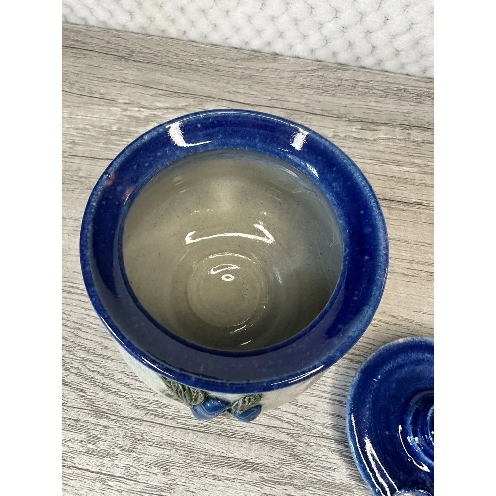 Johnson Studio Pottery Blueberry Stoneware Honey Pot with chipped Lid Blue Cream